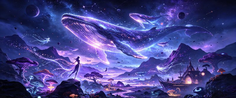 Glowing cosmic whales float above a fantasy alien landscape as a silhouetted woman watches from a rocky outcrop