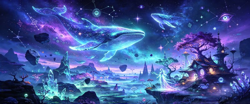 Glowing celestial whales float above a magical purple-blue fantasy landscape under a starry nebul...