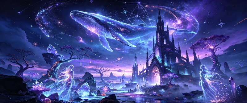 Glowing cosmic star whale floats above an ornate gothic castle in a misty ethereal fantasy realm