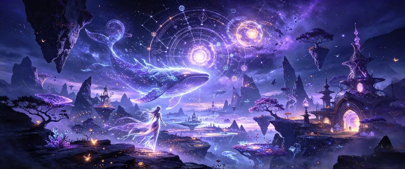 Glowing ethereal woman gazes at a luminous celestial whale drifting above floating fantasy isles