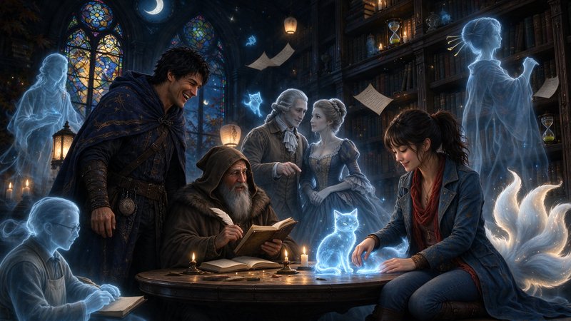 Fantasy adventurers gather in a candlelit gothic library surrounded by glowing friendly ghosts an...