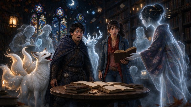 Shocked fantasy adventurers stand in a haunted magical library surrounded by ghosts, glowing myth...