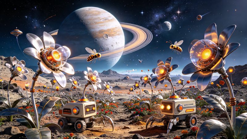 Robotic rovers and mechanical bees tend glowing metal flowers on an alien world beneath a ringed gas giant.