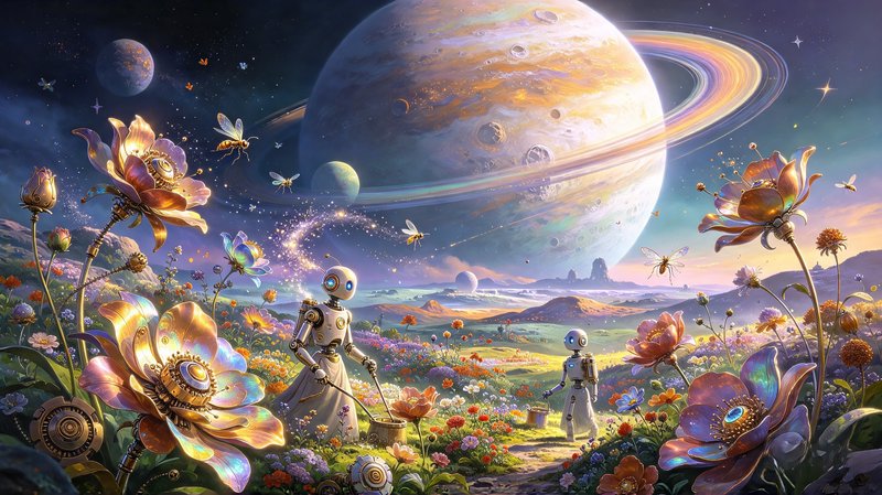 Two robot gardeners tend glowing mechanical flowers on an alien world beneath a large ringed planet