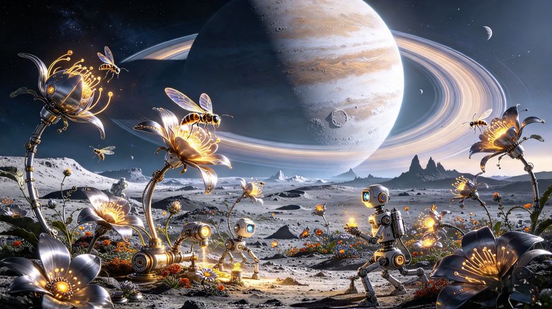 Small robots tend glowing metallic mechanical flowers on an alien moon beneath a large ringed gas giant