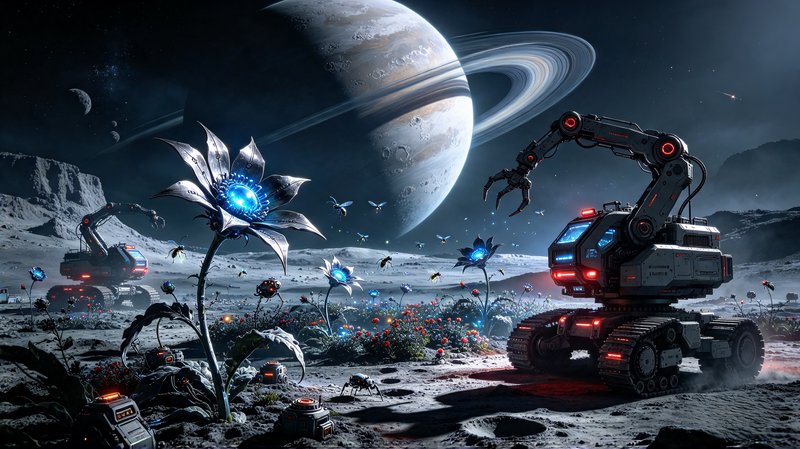 Robotic exploration units stand beside glowing alien flora on a cratered moon beneath a massive ringed gas giant