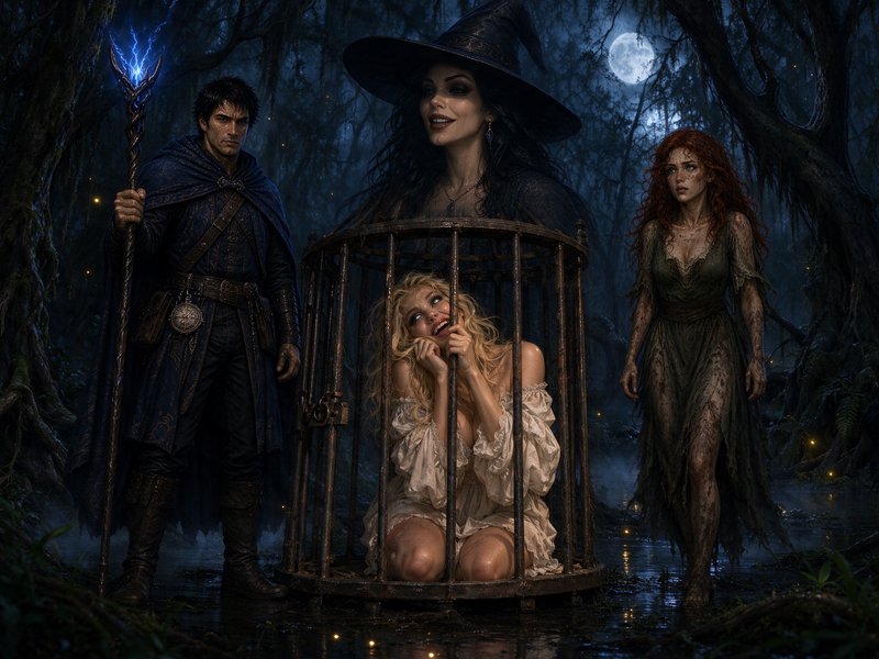 Captive blonde woman in a metal cage surrounded by fantasy characters in a moonlit misty swamp