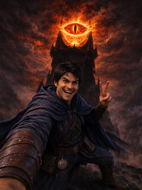 Grinning fantasy adventurer takes a peace sign selfie in front of Sauron's glowing Eye atop Barad...