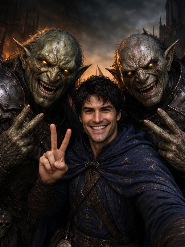 Smiling human fantasy adventurer takes a silly peace sign selfie flanked by two grinning glowing-...