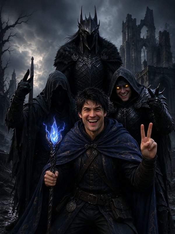 Grinning robed fantasy mage flashes a peace sign posing with dark armored villains in stormy goth...