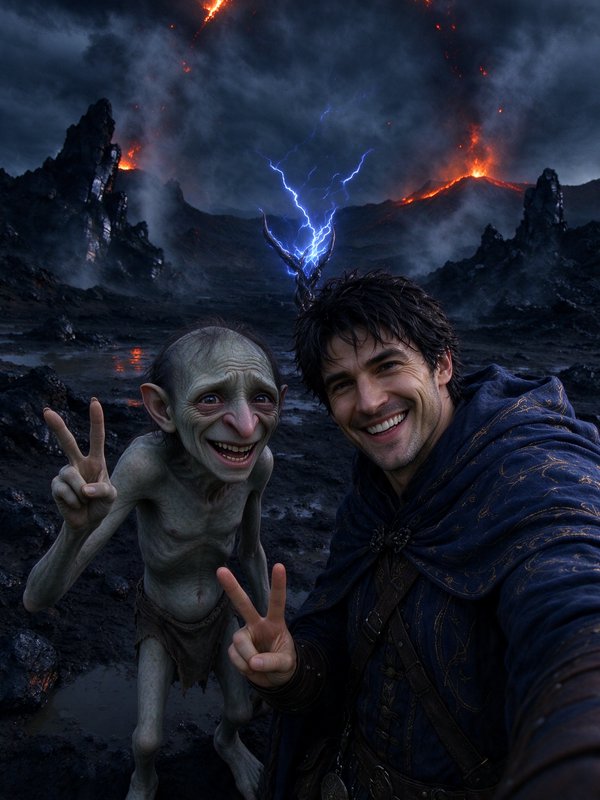 Grinning adventurer and Gollum hold peace signs for a selfie in a stormy volcanic wasteland