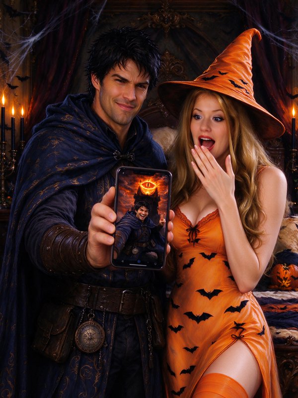 Couple in Halloween costumes hold up a smartphone displaying a silly fantasy selfie with a fiery ...