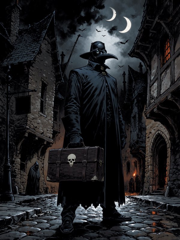 Tall plague doctor with a beak mask holds a skull stamped suitcase on a dark medieval cobblestone night street