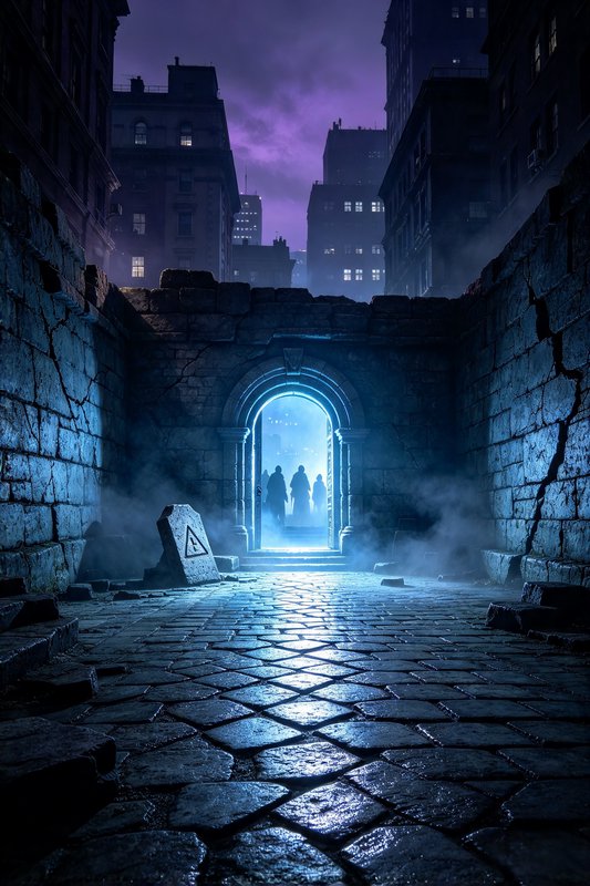 Glowing blue magical arched portal in a ruined stone city alley, with shadowy figures silhouetted...