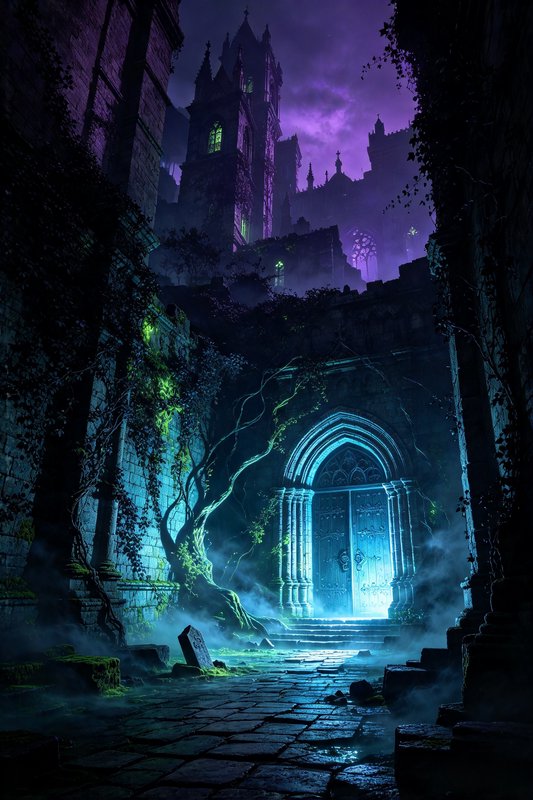 Overgrown misty gothic castle entrance glows cyan beneath a moody purple night sky