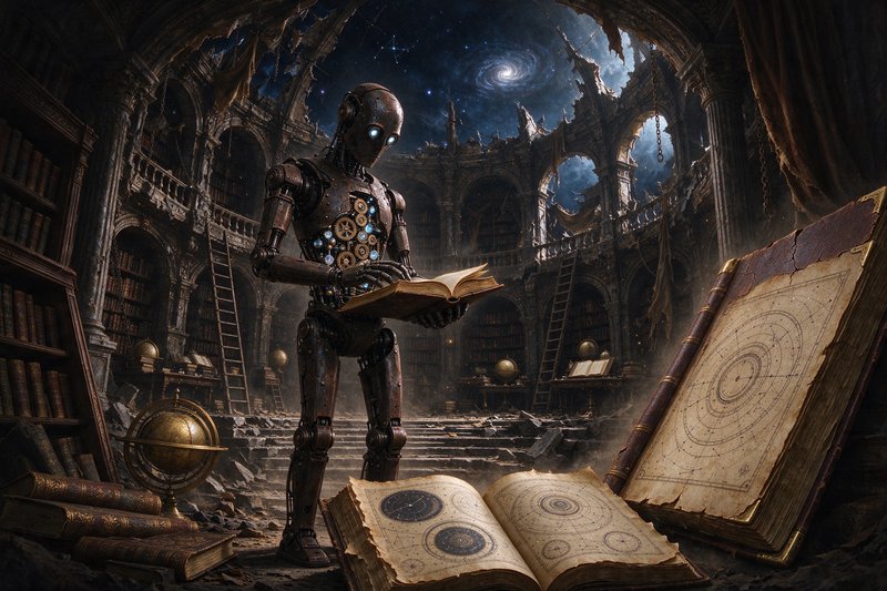Steampunk automaton reads an ancient book inside a crumbling celestial library with a galaxy visi...