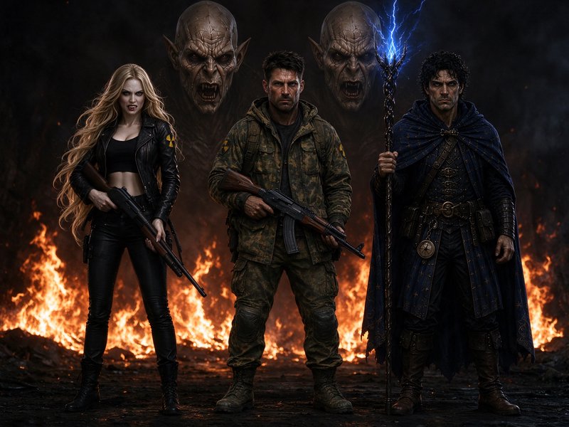 Three armed dark fantasy characters stand before a fiery battlefield with looming demonic faces b...
