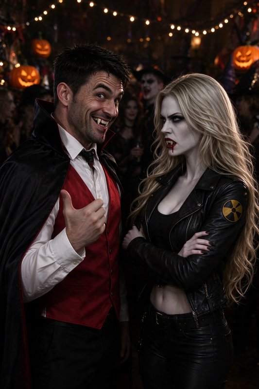 Grinning male vampire gives a thumbs up next to annoyed female vampire at a lively Halloween cost...