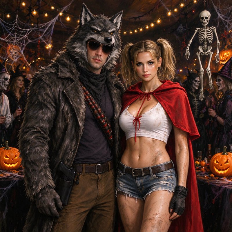 Couple in edgy Little Red Riding Hood and werewolf costumes posing at a decorated Halloween party