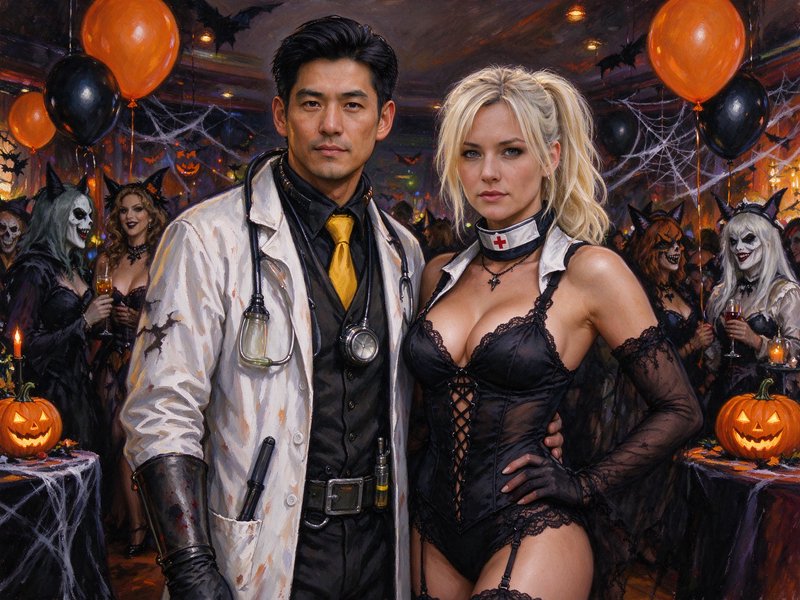 Couple in doctor and nurse Halloween costumes pose together at a spooky decorated costume party