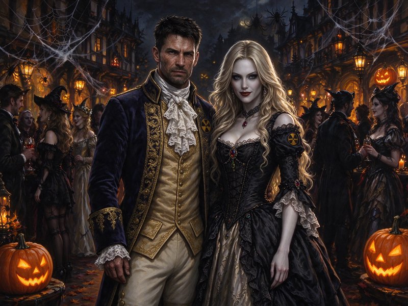 Gothic aristocratic couple stand at the center of a lavish historic Halloween masquerade street p...
