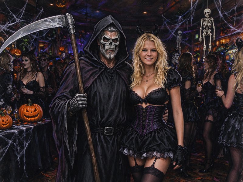 Couple in Grim Reaper and devil costumes posing at a crowded spooky Halloween party