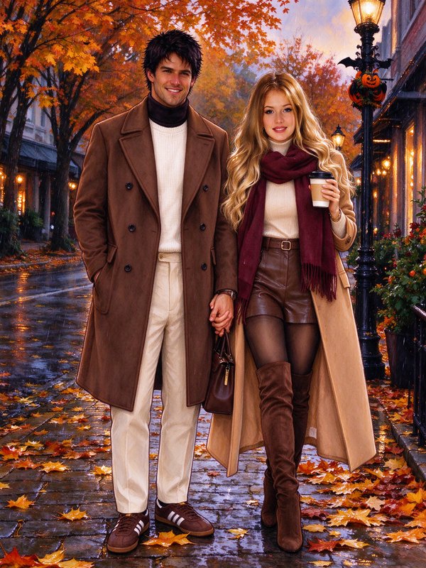Stylish couple in warm fall outerwear hold hands while standing on a wet autumn city sidewalk