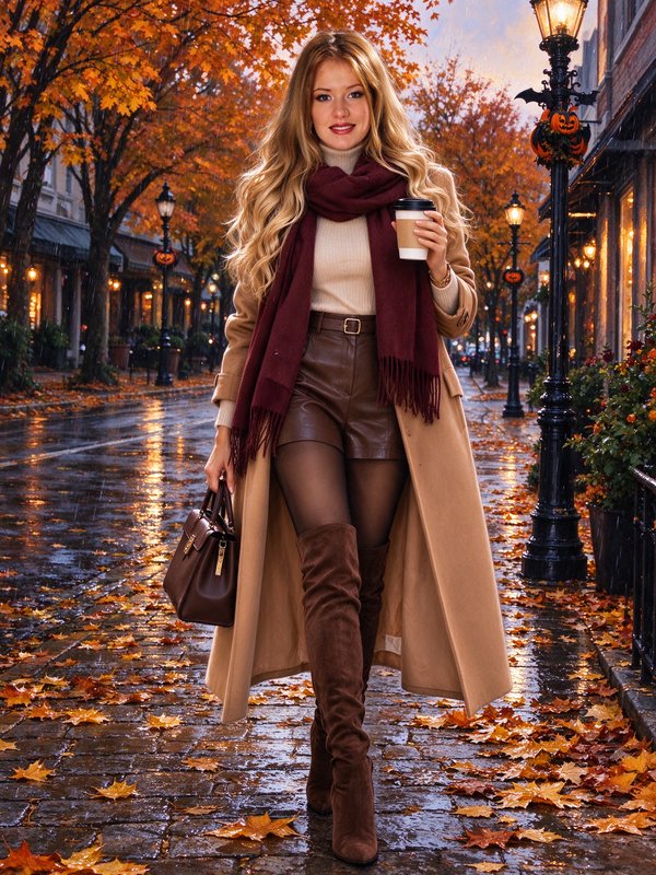 Blonde woman in cozy fall attire holding takeaway coffee walks on a rain-slick autumn city sidewalk