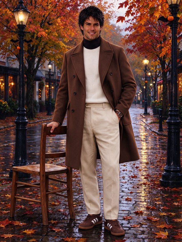 Stylish man in a brown overcoat stands next to a wooden chair on a rainy autumn cobblestone street