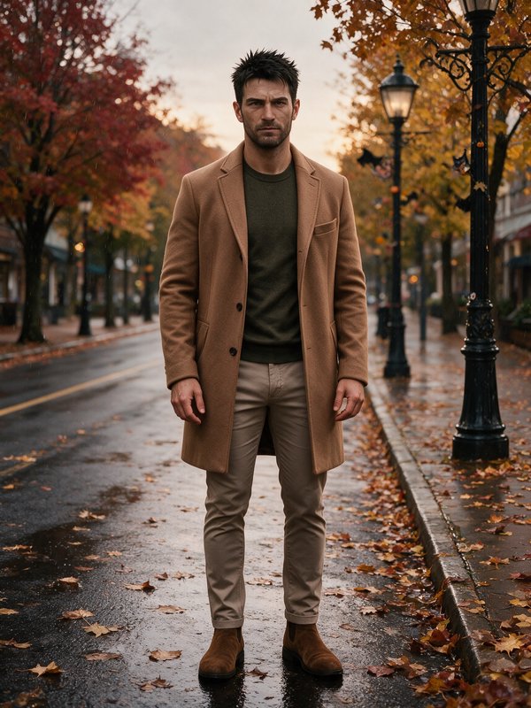 Handsome man in a camel overcoat stands on a rain-slicked autumn town street at dusk