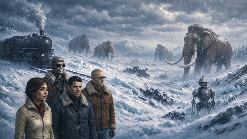 Steampunk expedition group stands beside a steam train as woolly mammoths emerge from a snowy arc...