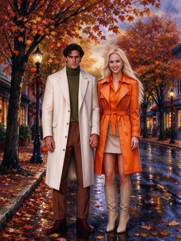 Elegant couple holding hands on a rain-soaked autumn small town street