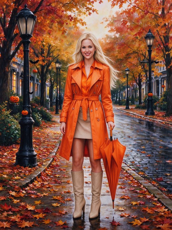 Smiling blonde woman in an orange trench coat holds an umbrella on a rainy Halloween autumn city ...