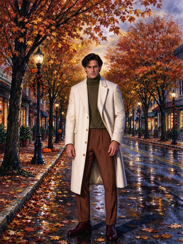 Stylish man in a cream overcoat stands on a rain-slicked autumn small town street lined with fall...