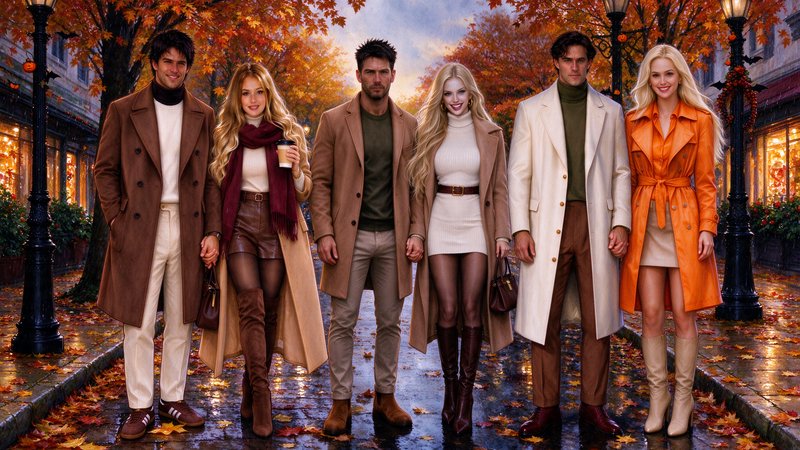 Three stylish couples in fall outerwear stand holding hands on a wet autumn downtown street