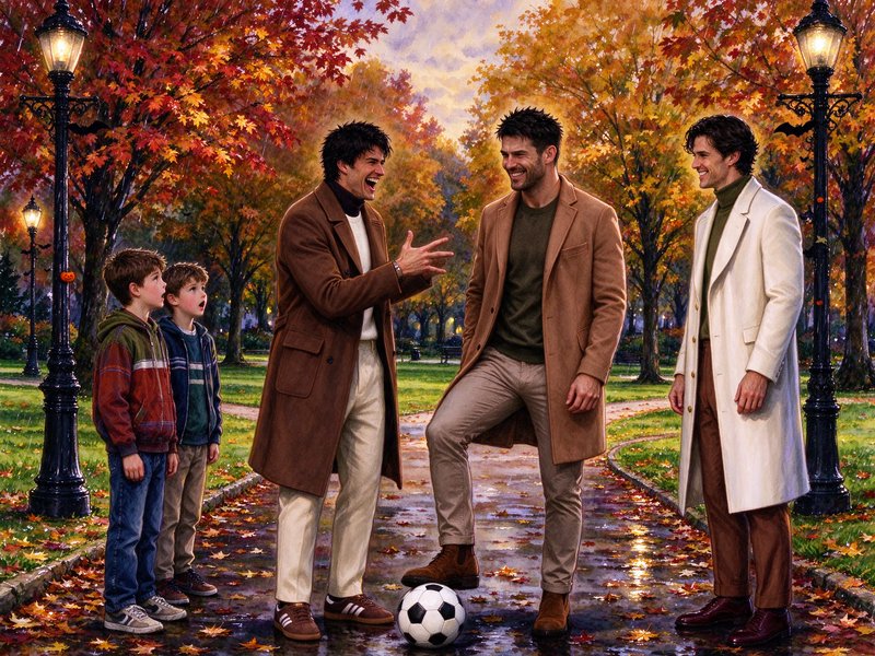 Three men and two wide-eyed boys stand with a soccer ball on a wet autumn park path at golden hour