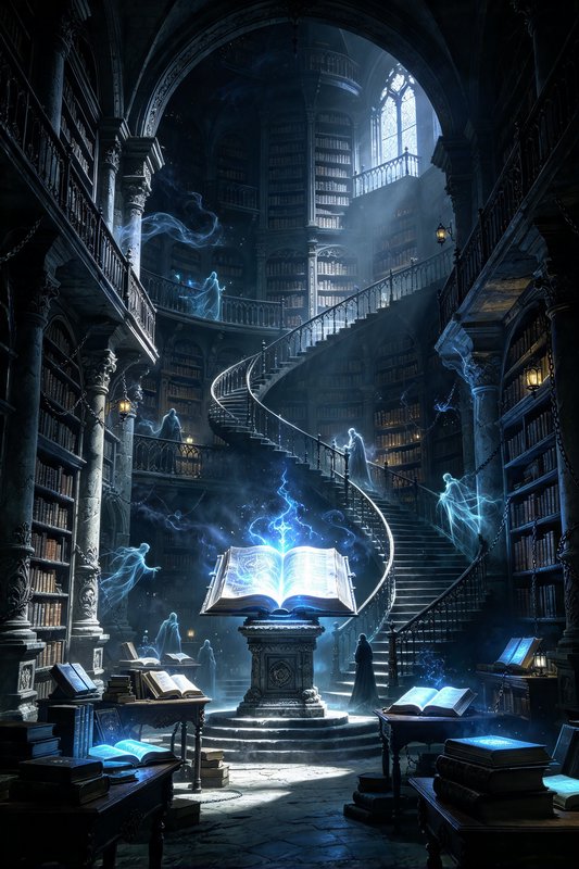 Glowing enchanted spellbook sits at the center of a gothic haunted library with ghostly spirits a...