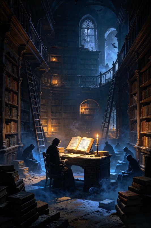 Hooded scholars study ancient tomes in a misty, candle-lit gothic library at night
