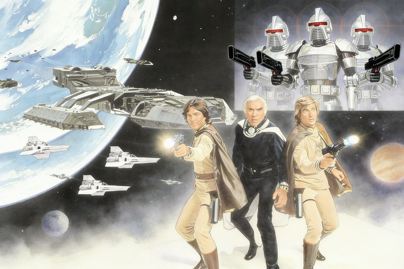 Retro sci-fi illustration of Battlestar Galactica crew facing off against Cylon Centurions in dee...
