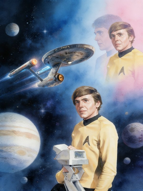 Pavel Chekov from Star Trek TOS stands with the USS Enterprise NCC-1701 against a colorful outer ...