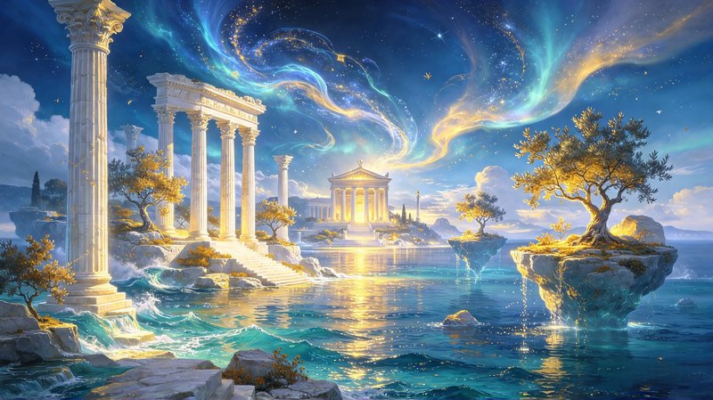 Glowing ancient Greek temple ruins sit on floating ocean islets beneath a swirling magical starry...