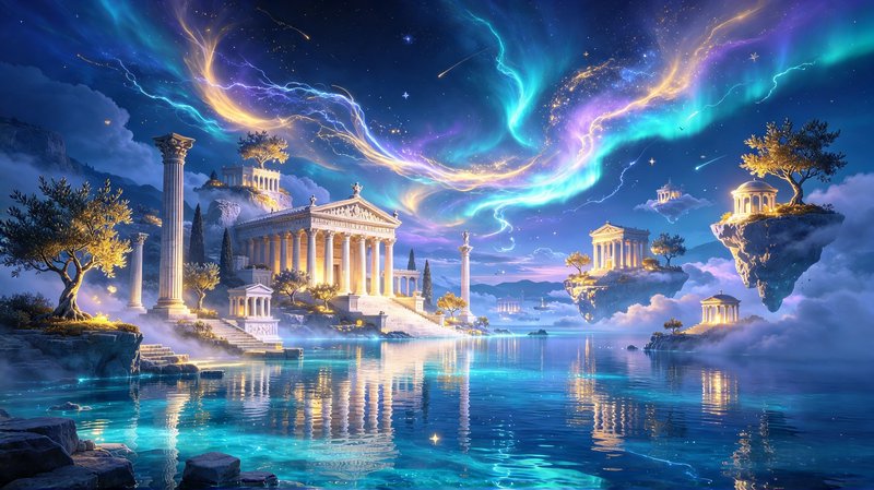 Glowing ancient Greek temple complex sits on floating islands beneath swirling aurora skies above...
