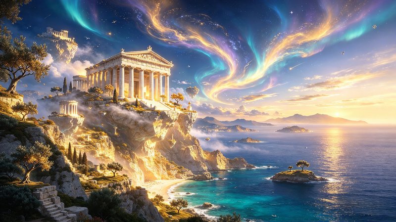 Classical Greek temples perch on misty coastal cliffs beneath swirling glowing aurora above a tur...