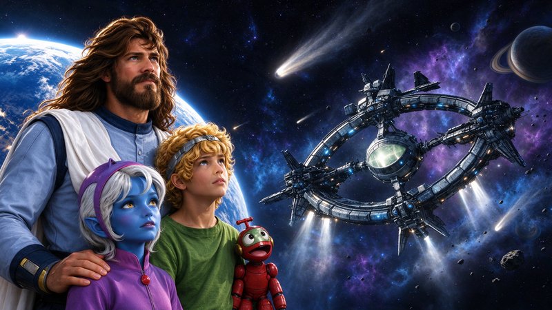 Diverse sci-fi characters gaze at a large ringed space station floating in vivid deep space