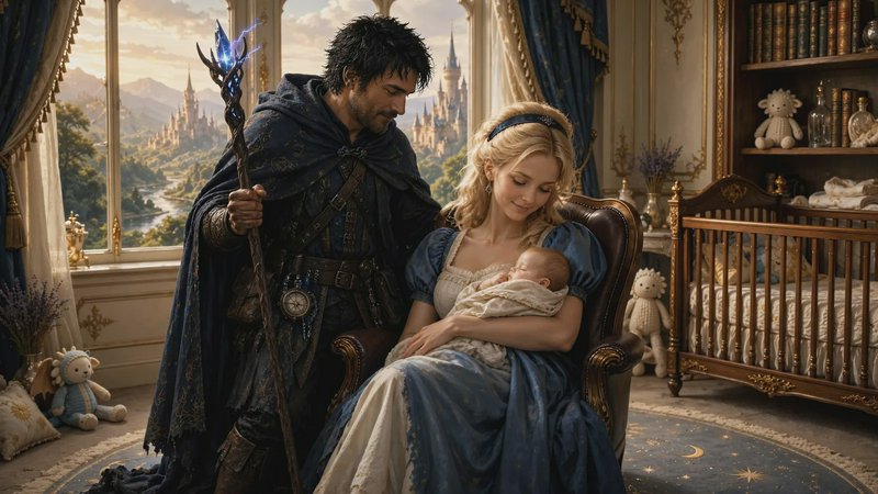 Fantasy royal wizard and queen cradle their newborn baby in a sunlit castle nursery