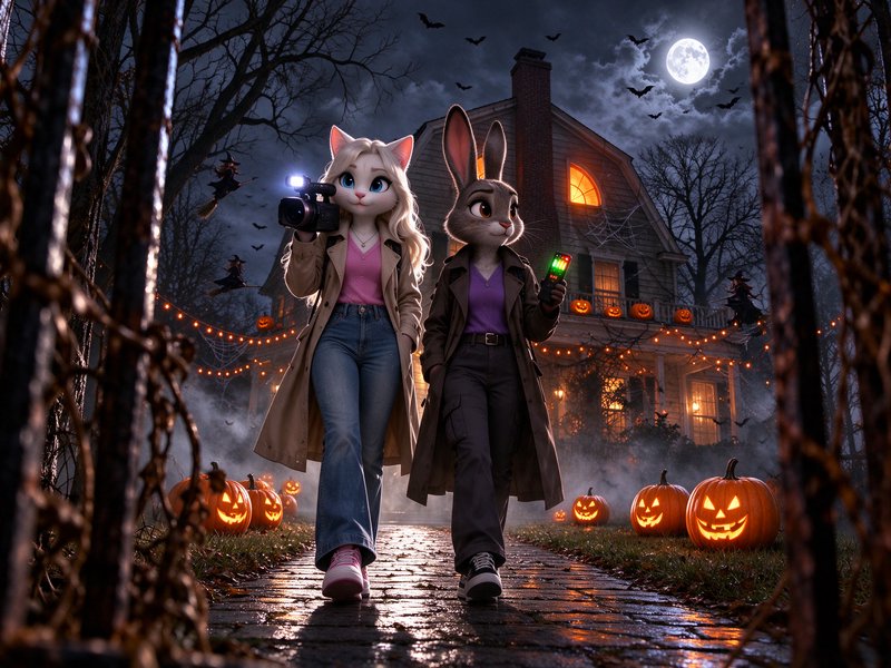Anthropomorphic cat and rabbit ghost hunters walk away from a spooky haunted house on a misty Hal...