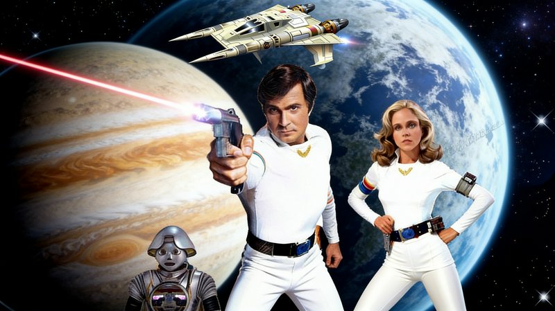 Buck Rogers fires a laser blaster standing with his crew and robot against a deep space planetary...