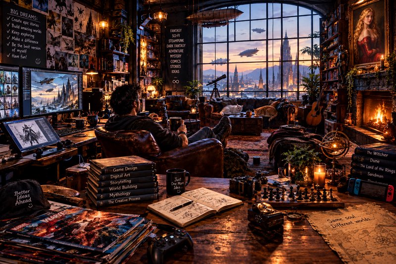 A relaxed creator sits in a cozy steampunk home office overlooking a fantasy sunset city with flo...