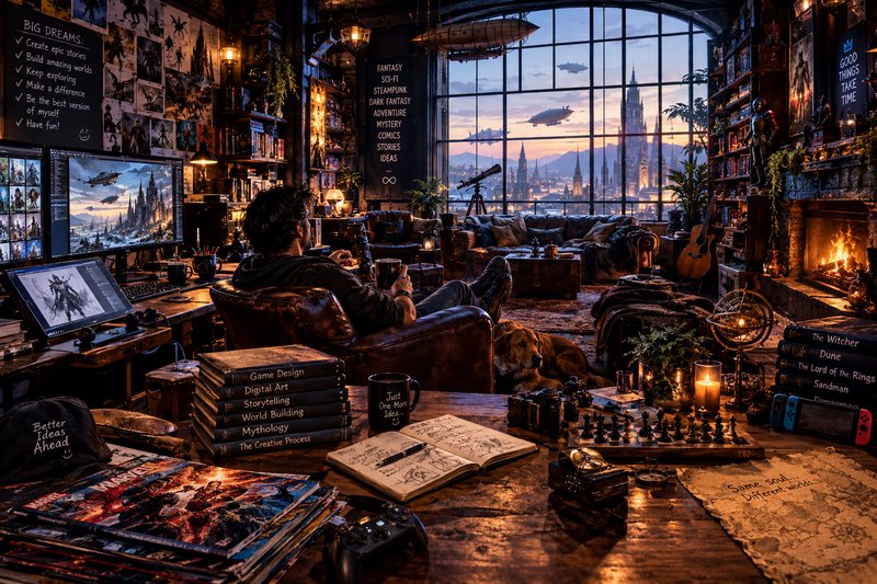 Cozy steampunk creator loft with a man and dog overlooking a fantasy airship city at sunset