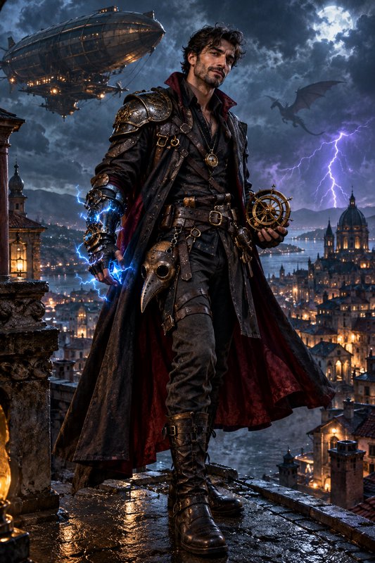 Steampunk arcanist stands on a wet rooftop, crackling lightning gauntlet, overlooking a stormy fa...